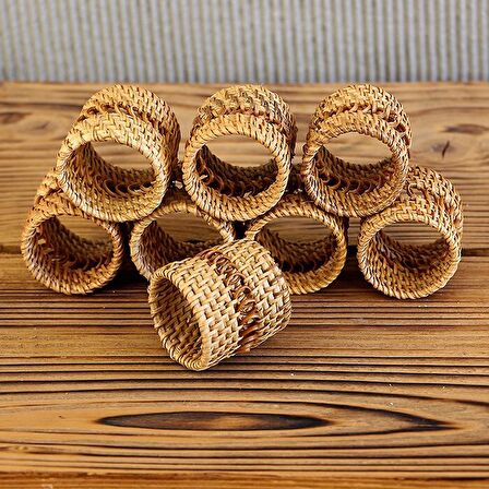 Japandi, Bohem Afrikan, İskandinav Hasır Rattan 8 li Dekoratif Peçete Halkası, Peçete Yüzüğü 5x5 cm