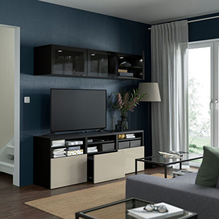 Tv ünitesi, venge-parlak cila-bej-füme cam, 180x42x192 cm, SELSVIKEN/GLASSVIK, fren raylı