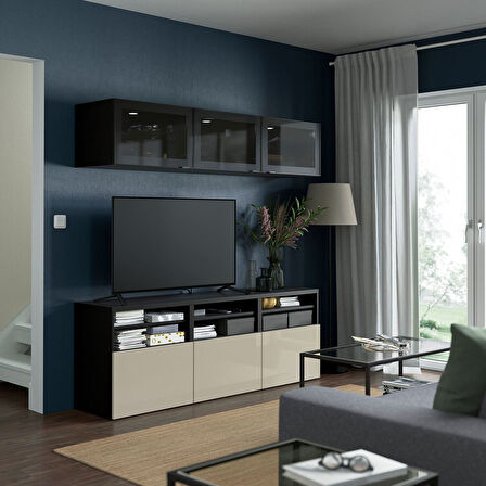 Tv ünitesi, venge-parlak cila-bej-füme cam, 180x42x192 cm, SELSVIKEN/GLASSVIK, fren raylı