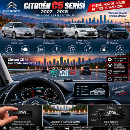 Citroën c5 2002-2015 modeller için head up display hayalet gösterge ekranı ön cam hız göstergesi