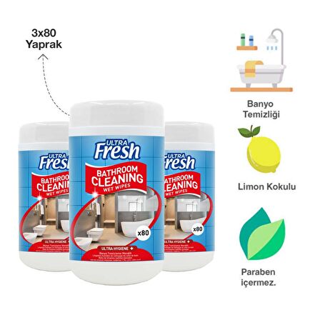 Ultra Fresh Banyo Yüzeyi Temizleme Mendili Kutulu 80 Yaprak 3 Adet