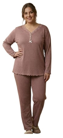 Büyük Beden % 100 Pamuk Uzun Kol Kadın Pijama Takımı Pudra