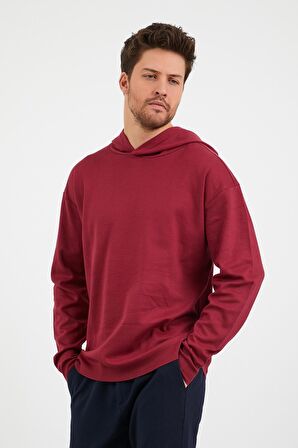 Erkek Comfort Fit Kapüşonlu Düz Sweatshirt Bordo