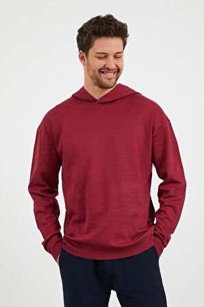 Erkek Comfort Fit Kapüşonlu Düz Sweatshirt Bordo