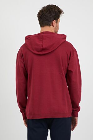 Erkek Comfort Fit Kapüşonlu Düz Sweatshirt Bordo