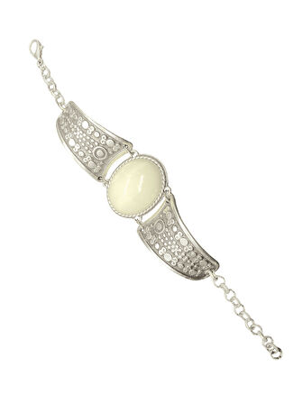 Beyaz Taşlı Gümüş Renk Etnik Döküm Kaplama Bijuteri Bileklik | Ayarlanabilir Antik Tasarım