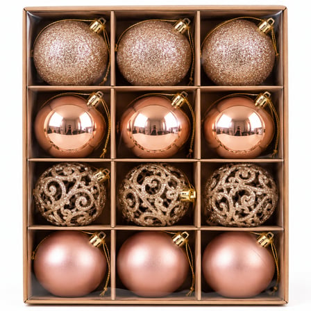 BakGelAl Premium 12 Adet Lüks Yılbaşı Ağacı Süs Topu Seti – 6 cm 4 Farklı Yüzey Tasarımlı Çam Ağacı Dekor Süsü Gold Rose