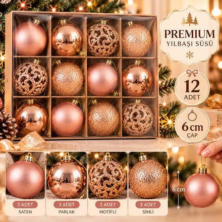 BakGelAl Premium 12 Adet Lüks Yılbaşı Ağacı Süs Topu Seti – 6 cm 4 Farklı Yüzey Tasarımlı Çam Ağacı Dekor Süsü Gold Rose