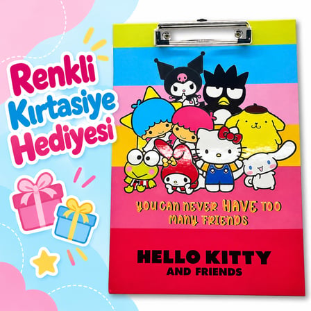 BakGelAl Hello Kitty and Friends Renkli Metal Klipsli Dosya ve Sekreterlik –Çok Sayıda Arkadaş Tasarımlı Bloknot Altlığı