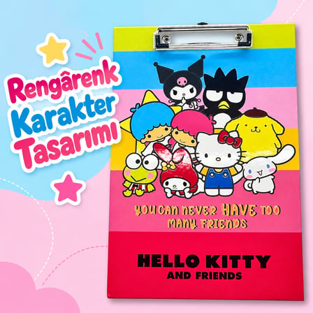 BakGelAl Hello Kitty and Friends Renkli Metal Klipsli Dosya ve Sekreterlik –Çok Sayıda Arkadaş Tasarımlı Bloknot Altlığı