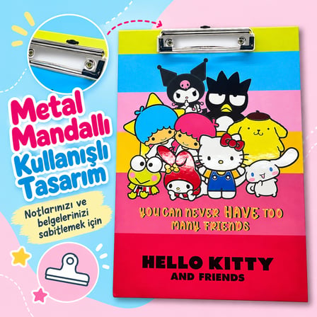 BakGelAl Hello Kitty and Friends Renkli Metal Klipsli Dosya ve Sekreterlik –Çok Sayıda Arkadaş Tasarımlı Bloknot Altlığı