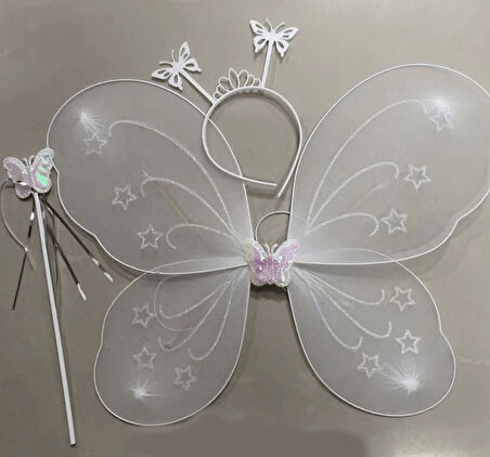 Beyaz Renk Kelebek Kanadı Tacı Ve Sopası 50x37 Cm - Lisinya