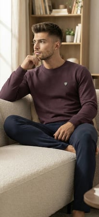 %100 Pamuk Selanik Örme Uzun Kol Erkek Pijama Takımı Kışlık Bordo