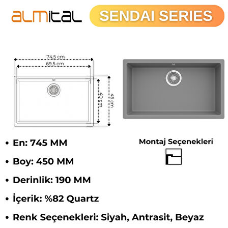 Granit Evye SENDAI Series Anthracite 74,5x45 (ANTRASİT) 