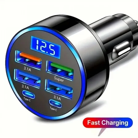 6 Portlu Hızlı Araç Şarj Cihazı – 4 USB + 2 Type-C Çıkışlı Dijital Göstergeli Oto Şarj