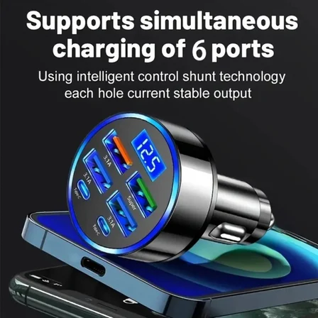 6 Portlu Hızlı Araç Şarj Cihazı – 4 USB + 2 Type-C Çıkışlı Dijital Göstergeli Oto Şarj