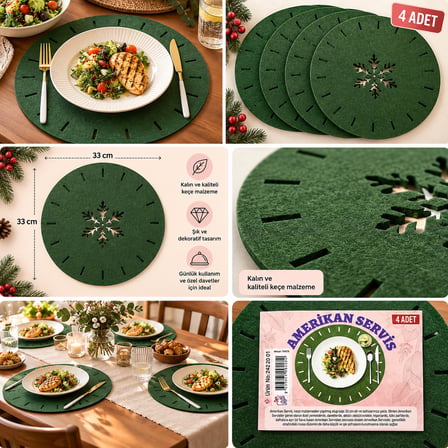 BakGelAl 4'lü Lüks Yılbaşı Yeşil Keçe Amerikan Servis Seti - Kar Tanesi Oygu Motifli Yuvarlak Supla (33 cm)