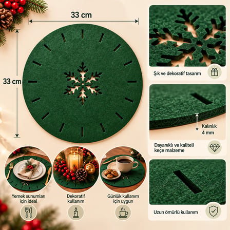 BakGelAl 4'lü Lüks Yılbaşı Yeşil Keçe Amerikan Servis Seti - Kar Tanesi Oygu Motifli Yuvarlak Supla (33 cm)
