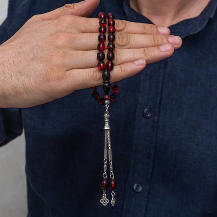 💎 Premium Parlak ve Şık Metal Püsküllü Bordo Siyah Sıkma Kehribar Tesbih