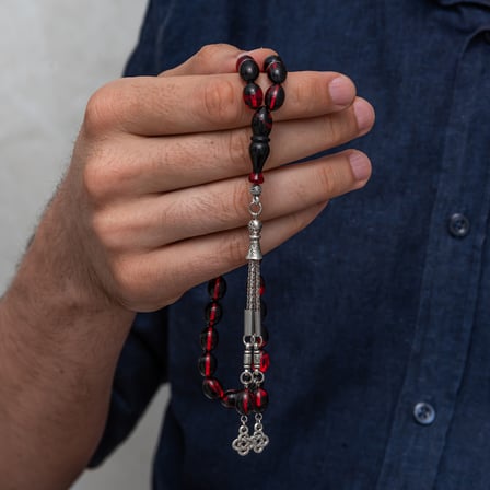 💎 Premium Parlak ve Şık Metal Püsküllü Bordo Siyah Sıkma Kehribar Tesbih