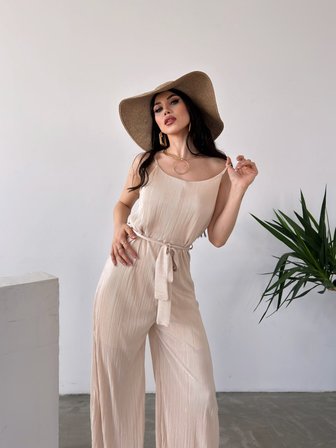İp Askılı Kuşaklı Krinkle Tulum - BEJ - XL