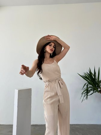 İp Askılı Kuşaklı Krinkle Tulum - BEJ - XL