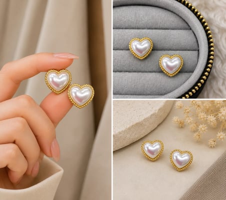 💎 Premium Parlak Gold Renk İnci Görünümlü Kalp Model Kadın Bijuteri Küpe
