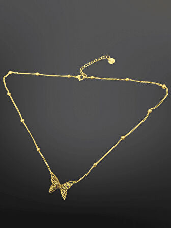 Gold Renk Kelebek Model 316L Çelik Zarif Boncuk Detaylı Kolye