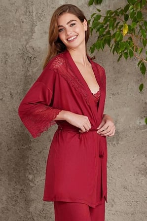 Pierre Cardin 2820 Kadın Bordo Dantelli Penye 3'lü Sabahlıklı Pijama Takım