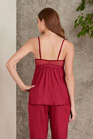 Pierre Cardin 2820 Kadın Bordo Dantelli Penye 3'lü Sabahlıklı Pijama Takım