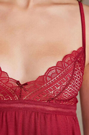 Pierre Cardin 2820 Kadın Bordo Dantelli Penye 3'lü Sabahlıklı Pijama Takım