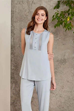 Pierre Cardin 2800 Kadın Mist Dantelli Penye 3'lü Sabahlıklı Pijama Takım