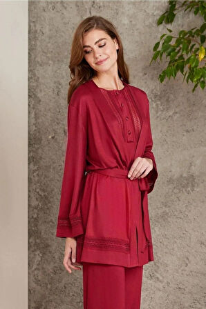 Pierre Cardin 2800 Kadın Bordo Dantelli Penye 3'lü Sabahlıklı Pijama Takım
