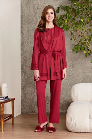 Pierre Cardin 2800 Kadın Bordo Dantelli Penye 3'lü Sabahlıklı Pijama Takım