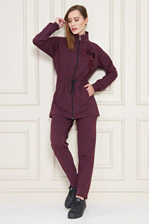 Kadın Pamuklu Beli Ayarlanabilir Tam Fermuarlı Tunik Eşofman Takım