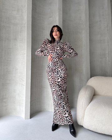 Sırt Dekolteli Leopar Desenli Elbise - BEJ - L