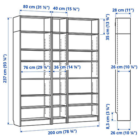 Kitaplık, beyaz, 200x28x237 cm