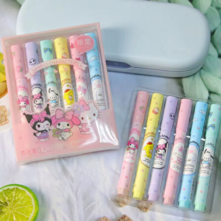 6'lı Fosforlu Kalem Seti - Sanrio Karakterleri, Kuromi, Hello Kitty 