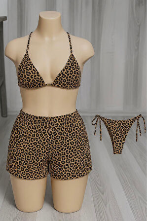 Kadın 3'lü Set Leopar Desenli Şortlu Ve Yandan Bağlamalı Bikini Mayo Takımı - Leopar - L-XL
