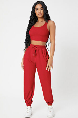 Kadın Kırmızı Kaşkorse Cepli Jogger Eşofman Altı Ve Crop Top Bluz - Kırmızı - L-XL