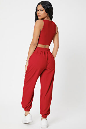 Kadın Kırmızı Kaşkorse Cepli Jogger Eşofman Altı Ve Crop Top Bluz - Kırmızı - L-XL