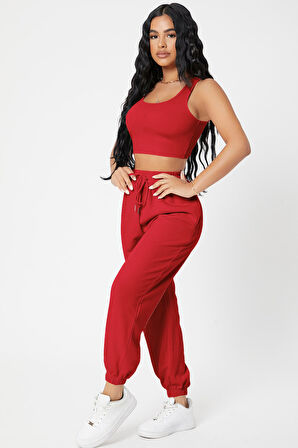 Kadın Kırmızı Kaşkorse Cepli Jogger Eşofman Altı Ve Crop Top Bluz - Kırmızı - L-XL