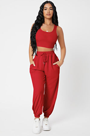Kadın Kırmızı Kaşkorse Cepli Jogger Eşofman Altı Ve Crop Top Bluz - Kırmızı - L-XL