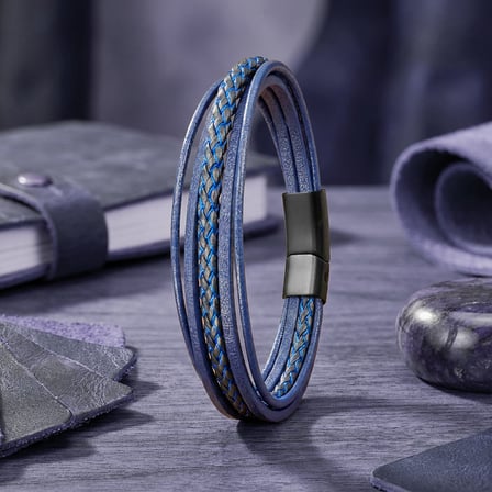💎 Premium  Mavi Siyah Çoklu Deri Bileklik Zamak Kilit 31833B2D7Z - 20 cm
