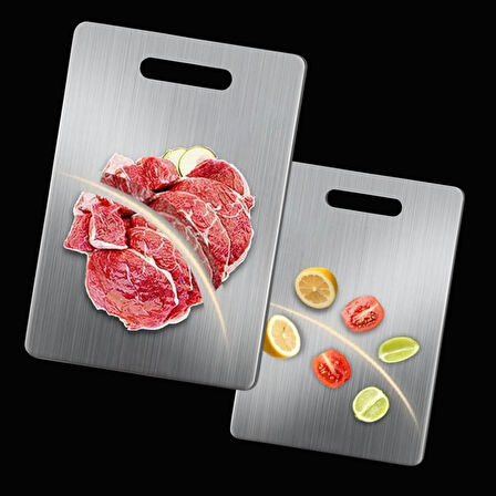BUFFER® 2 Boy Paslanmaz Çelik Leke Tutmaz,Kırılmaz,Antibakteriyel,Elde ve Bulaşık Makinesinde Yıkanabilen Meyve,Sebze,Et,Tavuk Kesim Panosu