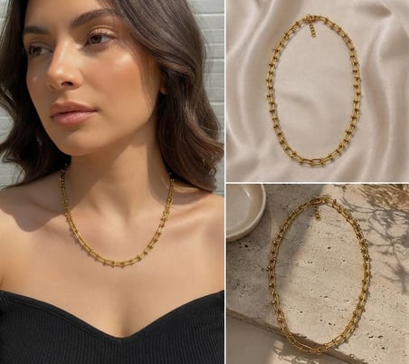💎 Premium Parlak ve Şık Gold Renk Geometrik Zincir 316L Çelik Kadın Kolye (45cm)