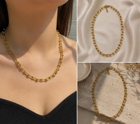 💎 Premium Parlak ve Şık Gold Renk Geometrik Zincir 316L Çelik Kadın Kolye (45cm)