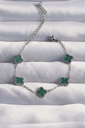 316L Çelik Baby Boy Gümüş Renk Çizgili Yeşil Mineli Yonca Bileklik