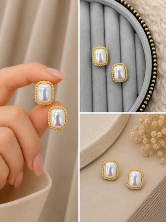 💎 Premium Parlak Gold Renk İnci Görünümlü Şık Dikdörtgen Kadın Bijuteri Küpe