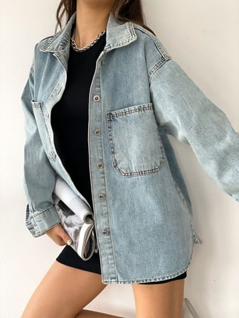 Çift Cepli Oversize Denim Gömlek Ceket - MAVİ - TEK EBAT